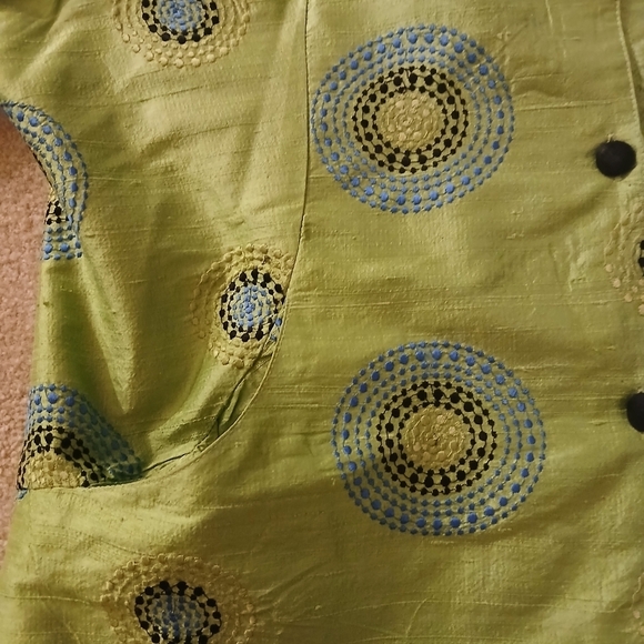 BLEU BAYOU Large Lime Green Silk Blazer Long Sleeves Circular Pattern FL - Picture 5 of 7